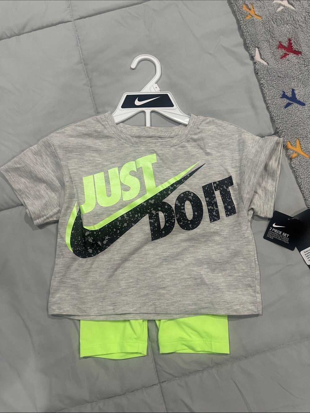 Nike Kids Grey Tee with Neon Green and Black 'JUST DO IT' Graphic